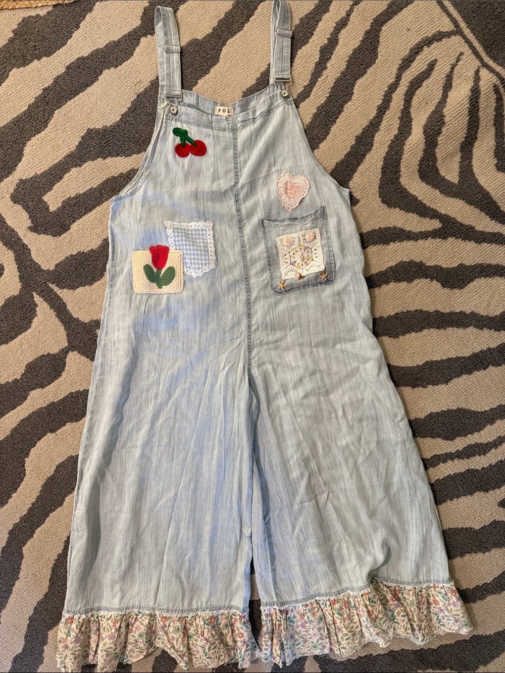 POL Light Wash Denim Overalls with Patchwork Pockets